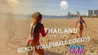 Playing volleyball with sexy asian girls. Pattaya beach, Thailand