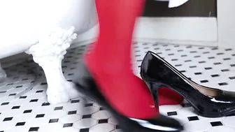 Taking Off Black Patten Leather High Heels Revealing Red Panty Hose Underneath #3