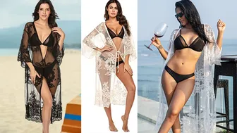 Women's Sexy Lace Crochet Swimsuit: Chigant Long Kimono Open Front Cover Up for Beachwear