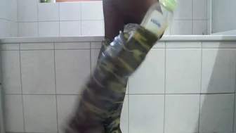 wifes gf plays in nylons and camouflage wellies in bathroom 1