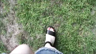 ASMR / Walk in black platform sandals Buffalo ( Sounds of dry grass ) #2