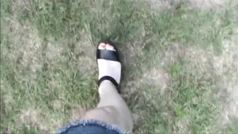 ASMR / Walk in black platform sandals Buffalo ( Sounds of dry grass ) #4